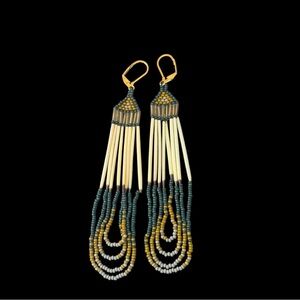 Handmade Native American porcupine quill, beaded dangle earrings 14k leverbacks